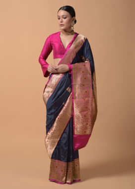 Royal Blue Saree In Pure Handloom Silk With Woven Floral Buttis And Rani Pink Floral Border