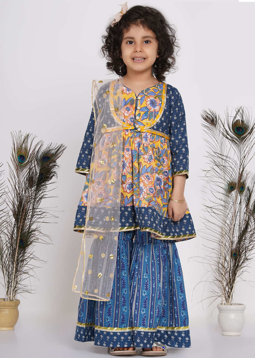 Kalki Royal Blue Sharara Suit Set For Girls In Cotton With Floral Print And A Jacket
