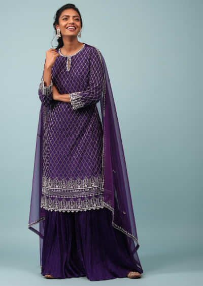 Royal Purple Embroidered Sharara Suit In Cotton Silk