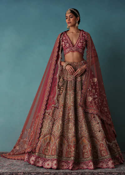 Rouge Red Bridal Lehenga Set In Raw Silk With Aari And, 44% OFF