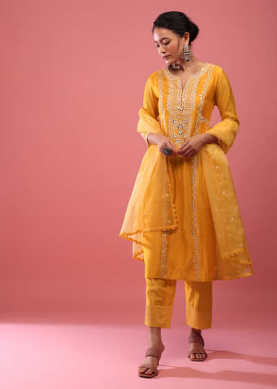 Saffron Yellow Pant Suit Set In Lucknowi Abla Embroidery With Mirror & Organza Dupatta