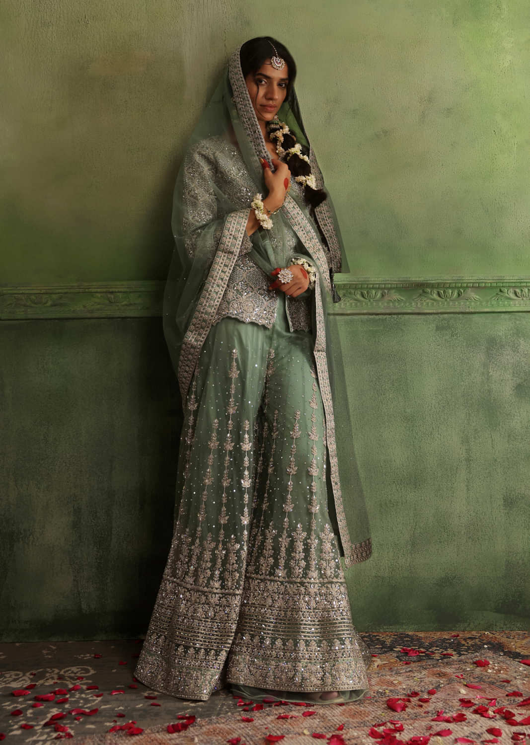 Sage Green Embroidered Sharara Suit In Net