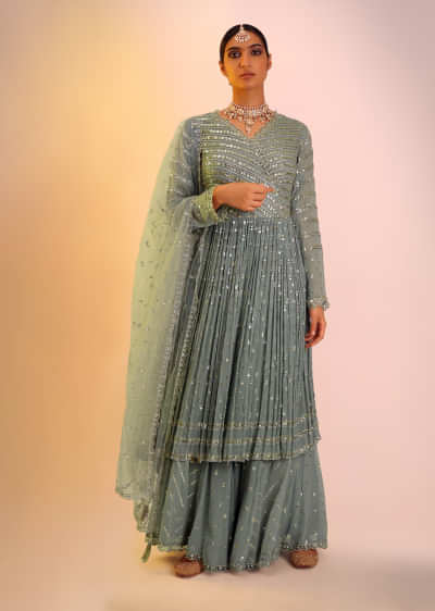 Sage Green Sharara Suit In Georgette With Angrakha Style Kurti Adorned In Sequins And Cut Dana Work