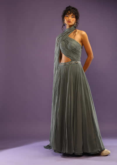 Sage Grey One Shoulder Indo-Gown With Ruching, Attached Drape And Side Cut Out