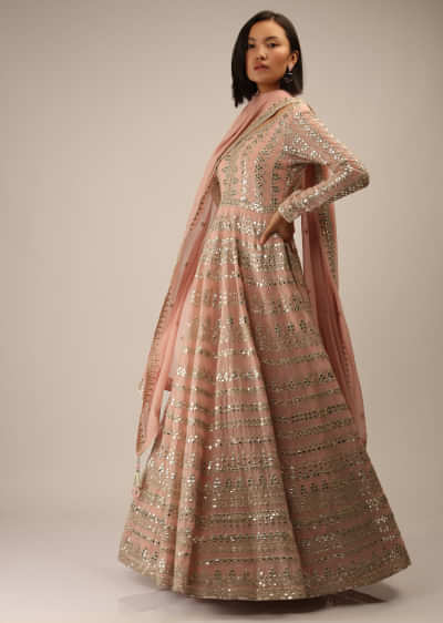 Salmon Pink Anarkali Suit In Georgette With Abla And Zari Embroidered Geometric Design And Churidar Sleeves