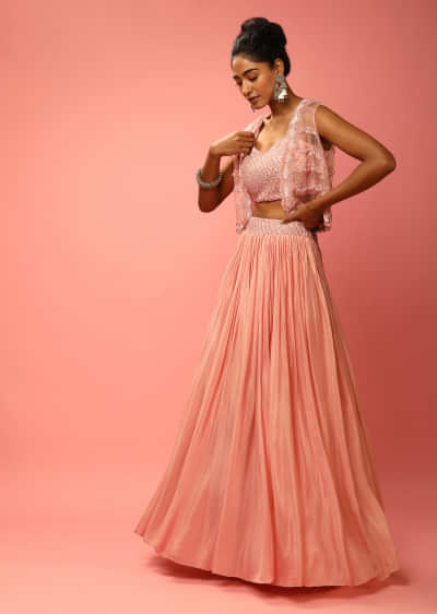 Salmon Pink Skirt And Crop Top With Sequins Embroidery And Tassel Jacket Online - Kalki Fashion