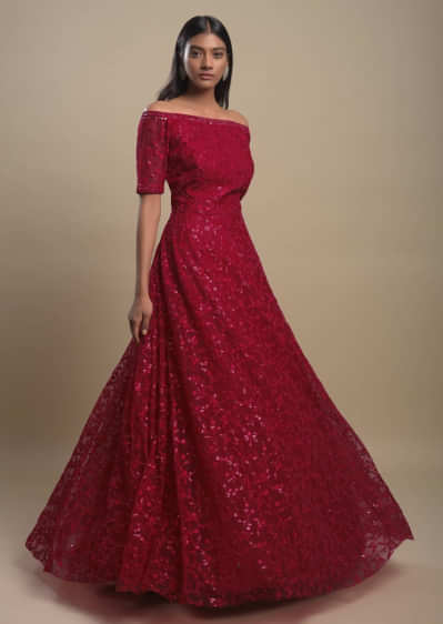 Scarlet Indowestern Gown In Net With Off Shoulder Neckline And Thread Work In Floral Jaal Online - Kalki Fashion