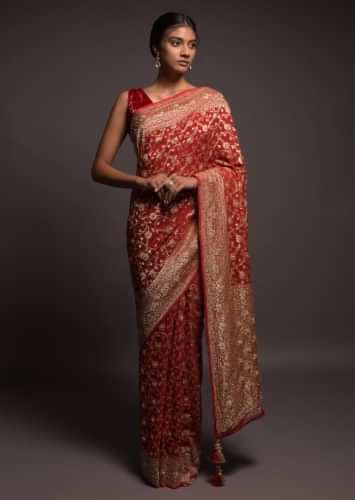 Scarlet Red Banarasi Saree In Georgette With Weaved Floral Jaal And Stone Work