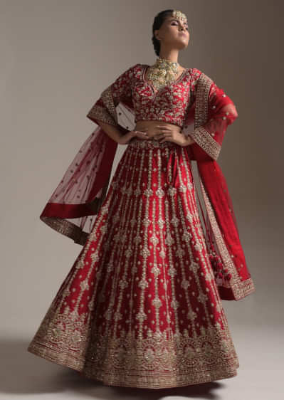 Scarlet Red Lehenga Choli In Raw Silk Zari And Resham Embroidered Floral Motifs In Vertical Stripes 