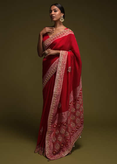 Scarlet Red Saree In Crepe SIlk With Woven Buttis And Bandhani