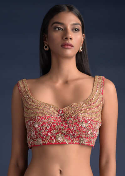 Scarlet Red Sleeveless Blouse In Raw Silk With Floral Jaal And Intricate Cut Dana Work