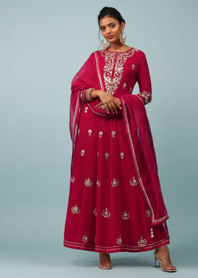 Scarlet Red Embroidered Anarkali Suit Set In Georgette