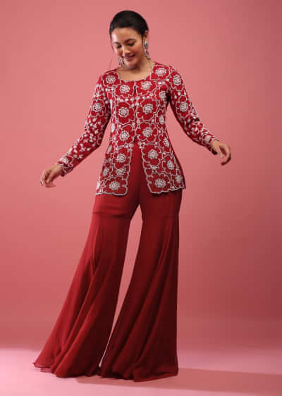 Scarlet Red Sharara Suit In Georgette With Fully Embroidered Top & Flowy Pants