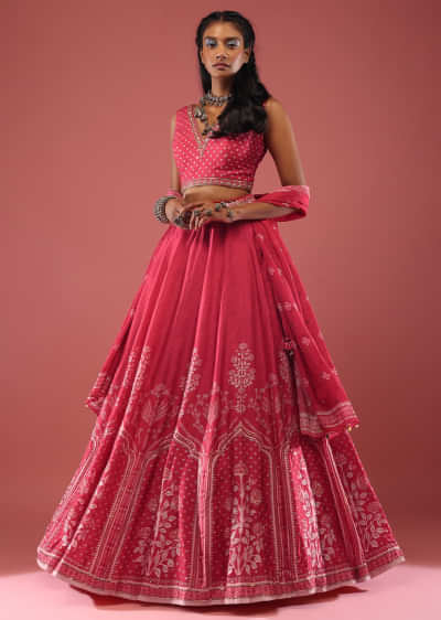 Scarlet Silk Lehenga And Blouse With Sequin Embroidery On The Borders And Stone Embellishments And Dupatta