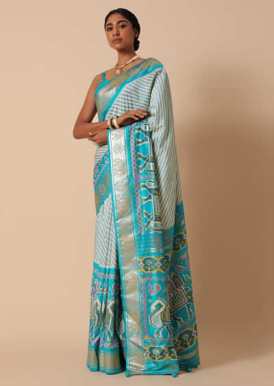 Sea Blue Patola Saree In Silk With Foil Worked Border And Unstitched Blouse Piece