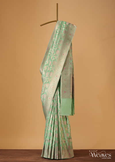 Sea Green Handloom Banarasi Saree In Uppada Silk With Unstitched Blouse