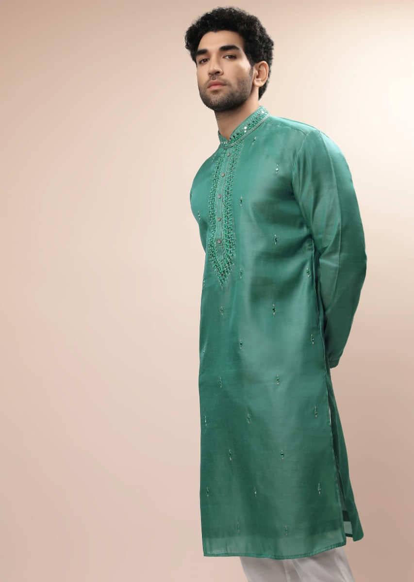 Sea Green Kurta Set In Silk With Resham And Mirror Embroidered Buttis And On The Placket  