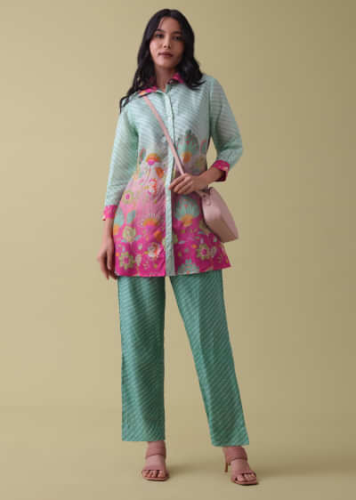 Sea Green Printed Co-ord Set In Tussar - RE By Kalki