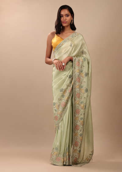 Pista Green Saree In Glass Tissue With Floral Embroidery In Zardosi & Cut Dana