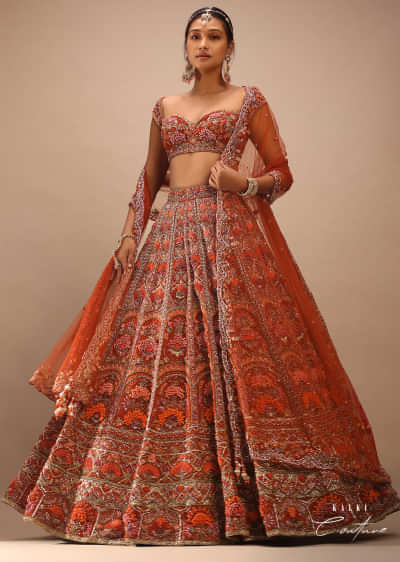 Buy Red Royal Heritage Lehenga And A Choli Set In 3D Petal Motifs  Embroidery, Organza Multi Color Dupatta In Zari Work Embroidery Buttis