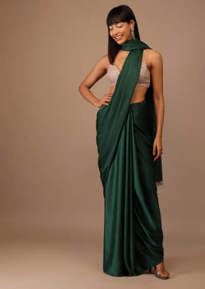 Green Milano Satin Saree With Hand Embroidered Bustier 