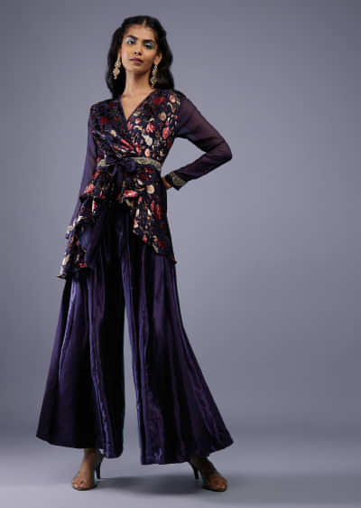 Navy Blue Floral Wrap Top With Embroidered Belt And Gajji Silk Flared Palazzo