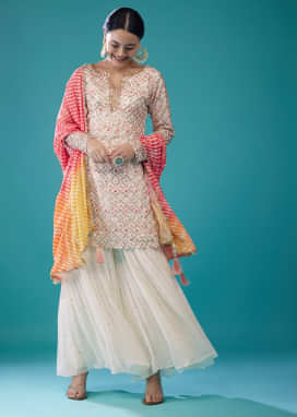 Cream White Georgette Embroidered Sharara Set With Leheriya Dupatta