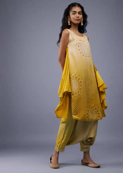 Ombre Shaded Beige White And Cyber Yellow Bandhani Tunic Top In Gajji Silk With Printed Silk Cowl Dhoti