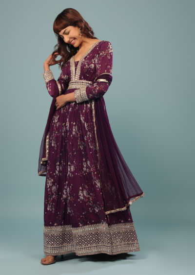 Grape Purple Embroidered Anarkali Suit With Floral Print In Georgette