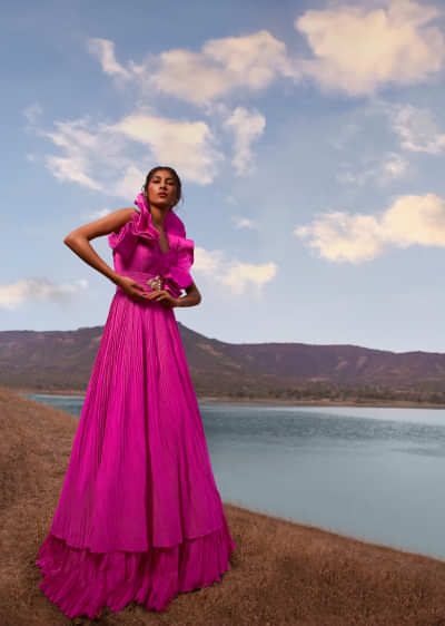 Rani Pink Indo-Western Crepe Gown With Patchwork On The Neckline