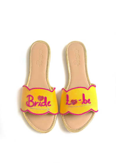 Yellow Slider Flats With Fuchsia Pink Colored Bride To Be Text And Scalloped Edge Online By Sole House