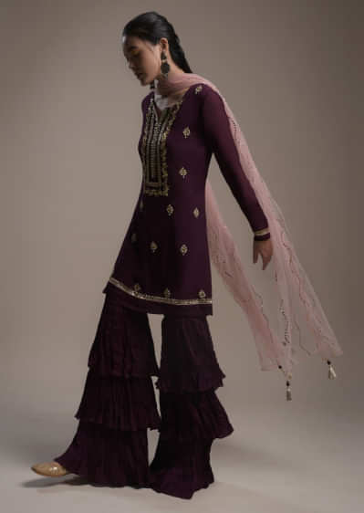 Wine Sharara Suit In Crepe With Colorful Beads And Gotta Patti Embroidered Buttis And Yoke Design  