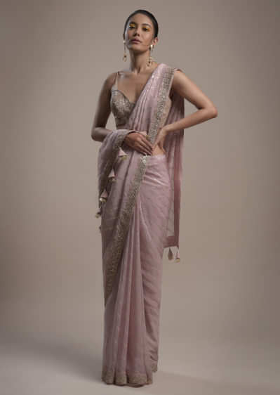 Lilac Saree In Organza With Lurex Stripes And Gotta Border Along With Unstitched Blouse  