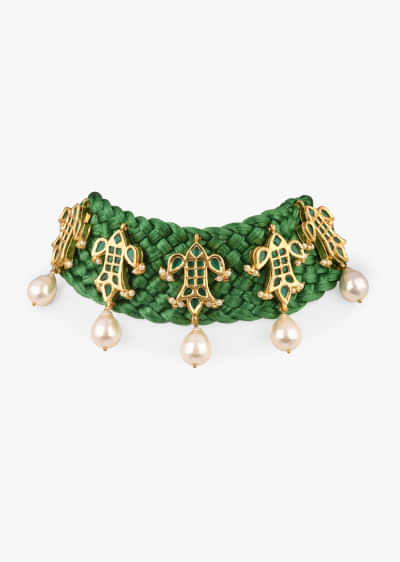 Green Braided Resham Necklace With Green Kundan Work In Fish Motifs And Dangling Pearl Drops 