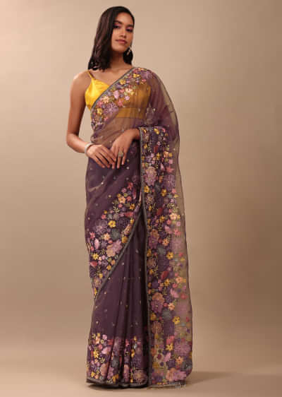 Fog Grey Saree In Organza With A Wide Floral Embroidered Pallu With Tassels