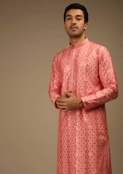 Shell Pink Kurta Set In Silk With Resham And Sequins Abla Embroidered Geometric Motifs