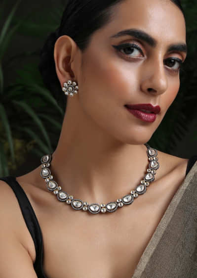 Silver Necklace Set With Victorian Inspired Polki And Cubic Zirconia Work Worthy Of A Fairytale By Paisley Pop