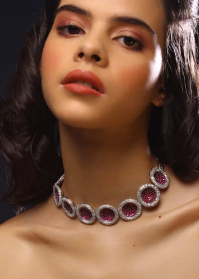 Silver And Pink Swarovski Studded Necklace In Round Motifs With A Dome Design 