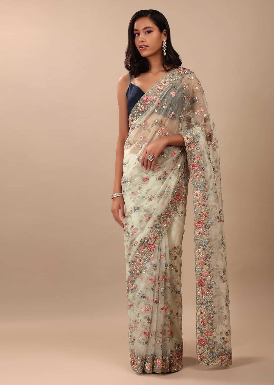 Pista Green Organza Saree Fully Embroidered In Multi-colour Floral Jaal Pattern With Cut Dana & Moti