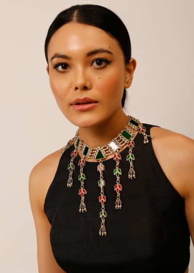 Silver Boho Necklace With Fringe Design Embellished In Green And Red Mirrors And Ghungroo 