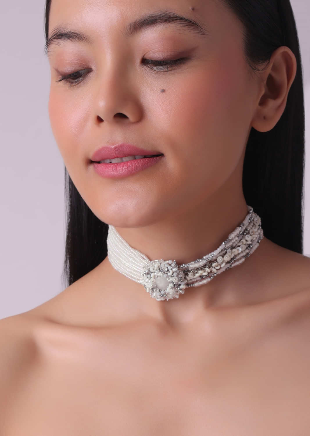 Silver Finish Off-White Synthetic Stone Handcrafted Choker Necklace