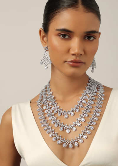Silver Layered Necklace With White Zirconia And Danglers