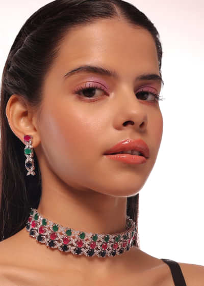 Silver Necklace And Earrings With Multi-Color Stones And Floral Finish