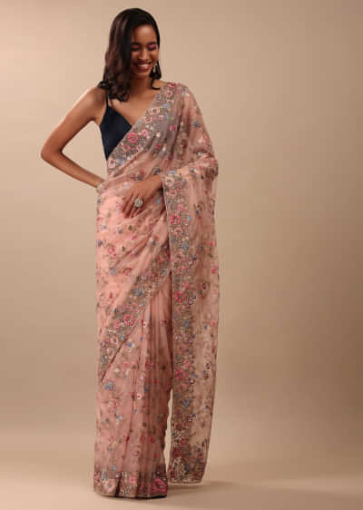 Silver Pink Organza Saree Fully Embroidered In Multi-colour Floral Jaal Pattern With Cut Dana & Moti