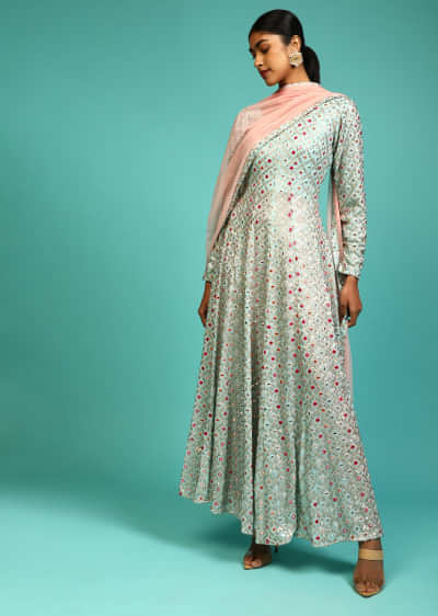 Sky Blue Anarkali Suit In Georgette With Full Sleeves And Multi Color Resham And Abla Work All Over  
