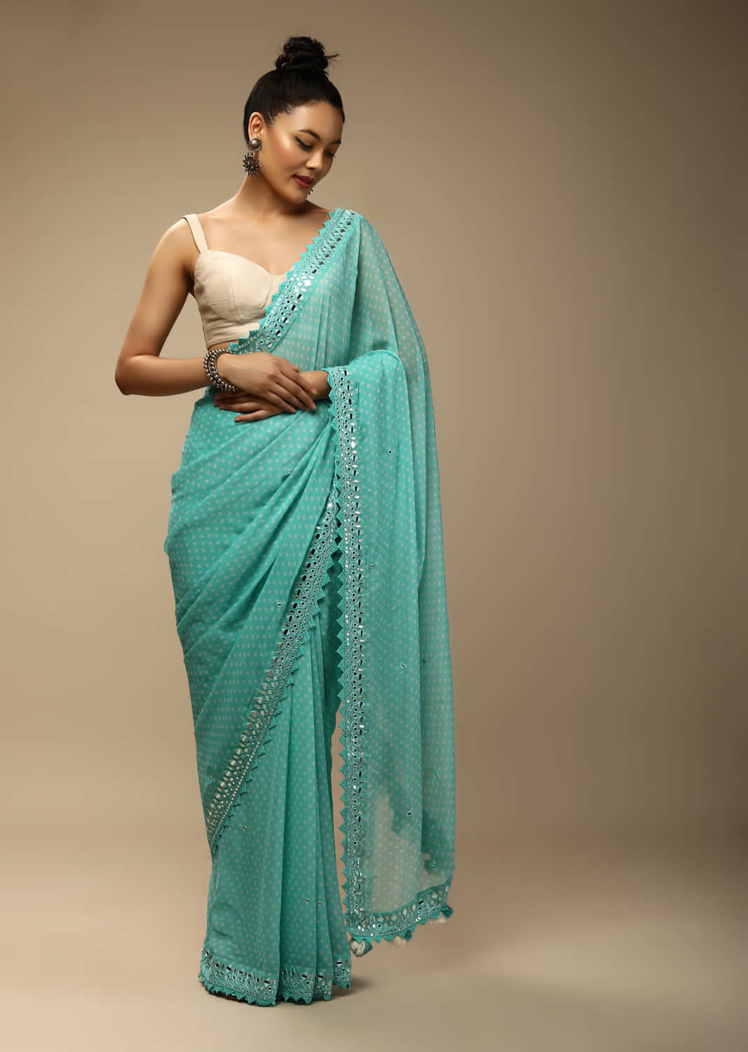 Sky Blue Bandhani Saree In Georgette With Mirror Embroidered Border