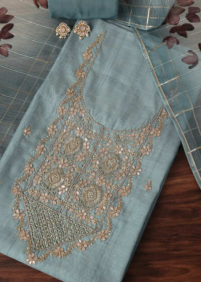 Sky Blue Gotta Patti Embroidered Chanderi Silk Top With Organza Floral Printed Dupatta Unstitched Dress Material