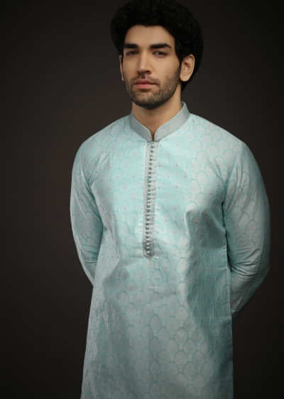 Sky Blue Kurta Set In Brocade Silk With Woven Design All Over And Zari Work On The Placket