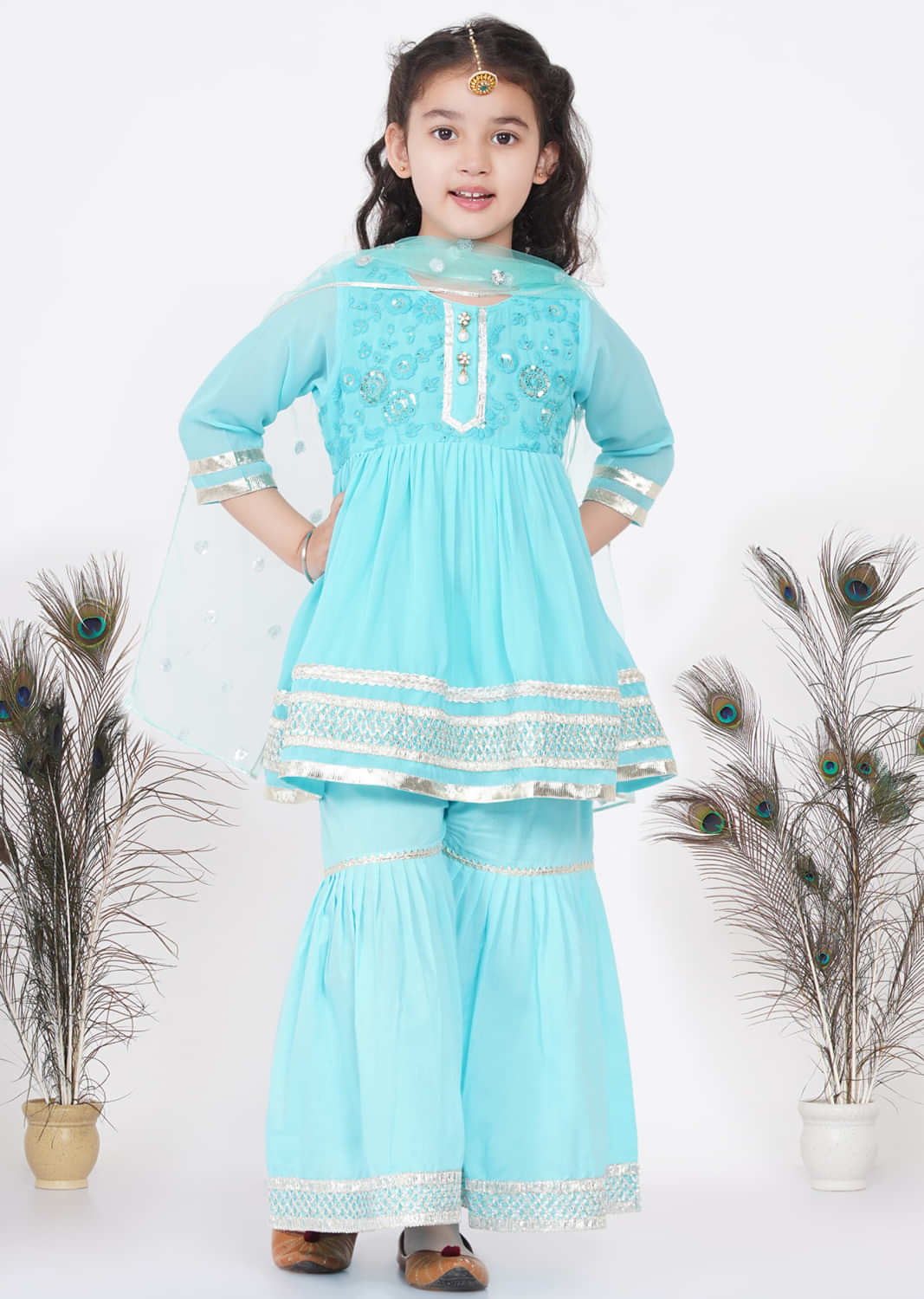 Kalki Aqua Blue Sharara Suit For Girls In Cotton With Embroidery In Gotta Patti And Jaipuri Lacework