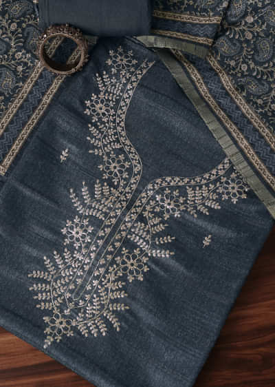 Slate Grey Zari Work Tussar Top With Kalamkari Printed Dupatta Unstitched Dress Material